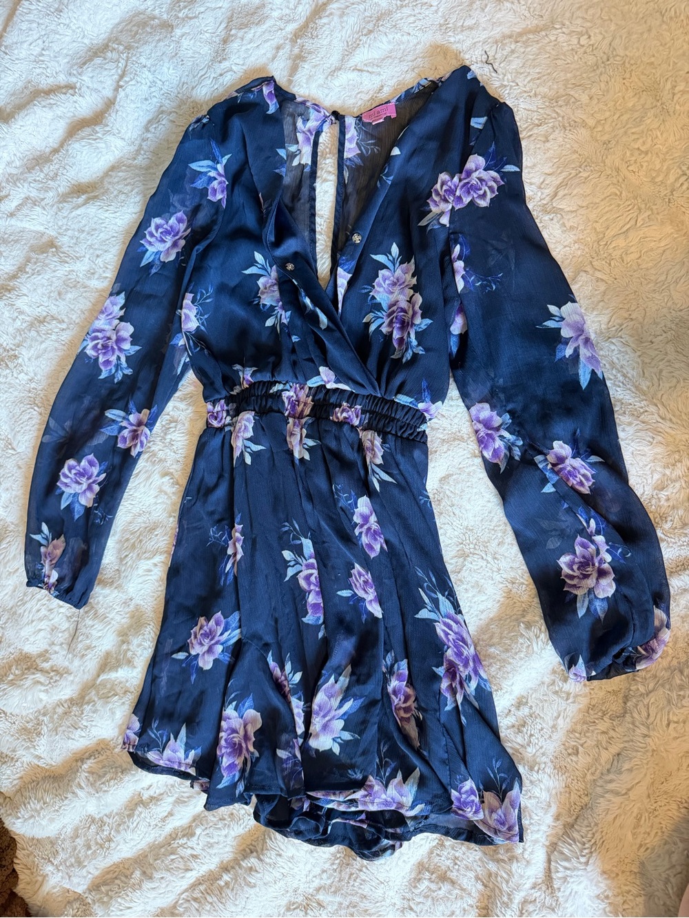 miami Navy Floral Sheer Long Sleeve Romper with Purple Accents